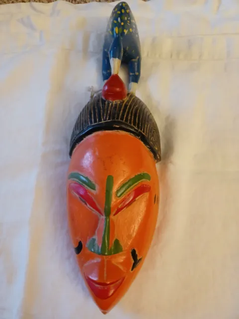 Vintage African Ethnic Mask Hand Craved Orange Painted Wood with Kiwi Bird 3