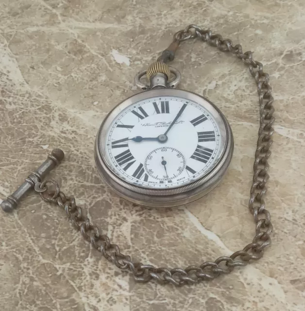 WW1 Silver Charles Robey of Coventry Water & Dust Proof Pocket Watch 1914 &Chain