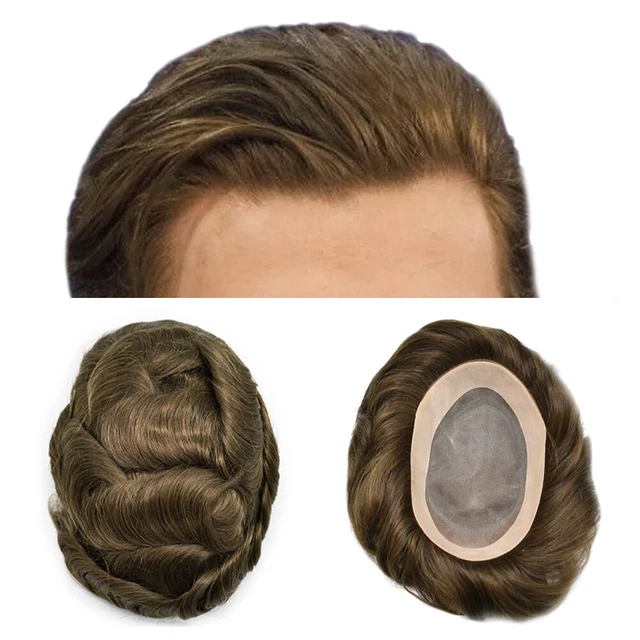 Mens Toupee Poly Skin  Mens Hairpiece Fine Mono Hair System Pu Replacement Wig