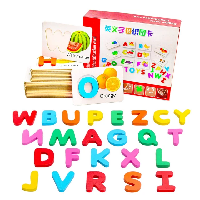 Alphabets Flash Cards Practice Set-Colorful Wooden Letters And Fruit Vegetable