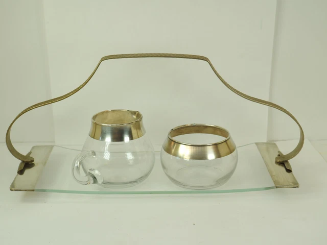 Dorothy Thorpe 12" shaped stamped handle glass silver plate edges Creamer Sugar