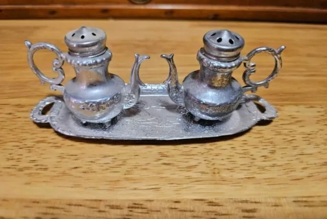 Vintage 1960's Metal Mini Teapot Salt & Pepper Shakers X 2 Sets