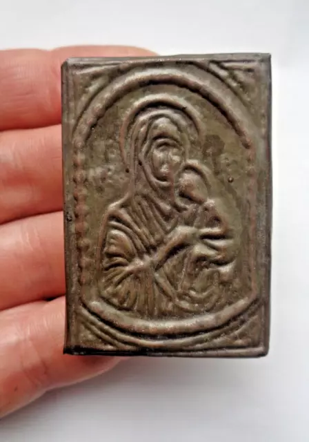 Antique Russian Orthodox? Copper Over Wood Icon Virgin Mary