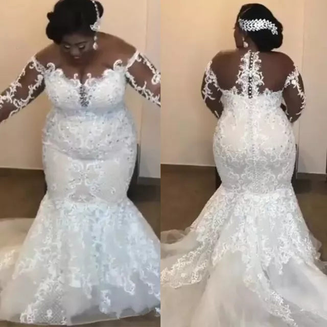 Plus Size Mermaid Wedding Dresses Long Sleeves African Lace Beaded Bridal Dress