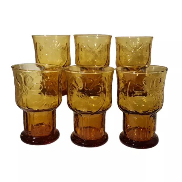Vintage Libbey Country Garden Daisy Flower 10 oz Amber Water Glasses Set of 6