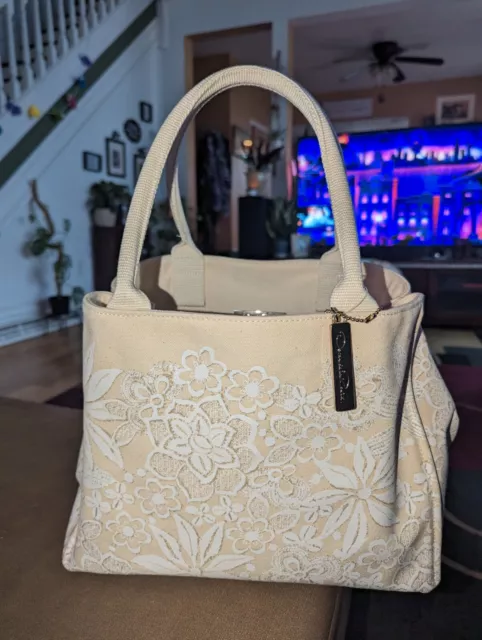 OSCAR DE LA RENTA Neiman Marcus Target Ivory Beige Floral Canvas Tote Bag Purse