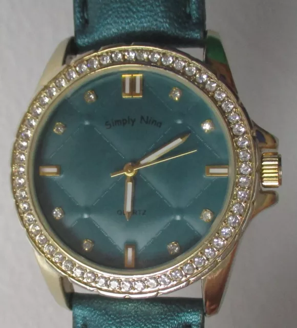 Simply Nina Raye Quartz Watch Rhinestone Bezel & Green Genuine Leather Strap