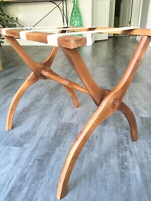 Vintage Folding Luggage Suitcase Stand Rack Wood tapestry Straps LOCAL PICKUP