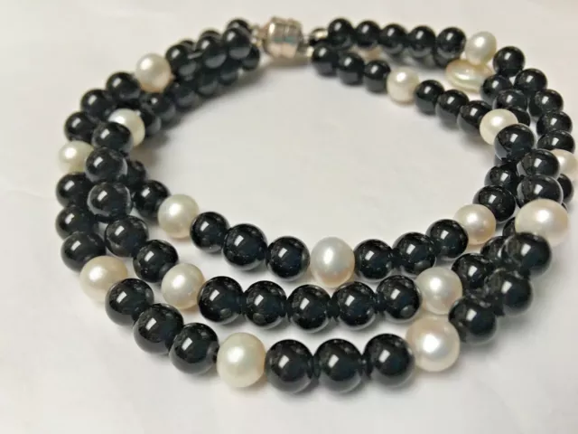 Triple Strand Black Onyx  White Freshwater Pearls Bracelet ESTATE