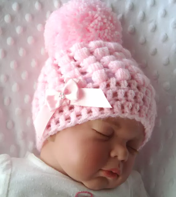 baby girl crochet  bobble hat pink 2 pink satin side bows pink pom pom handmade