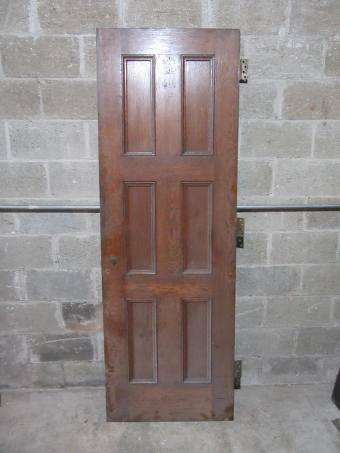 ~ ANTIQUE OAK 6 PANEL DOOR WITH HARDWARE SS ~ 28 x 81.5 ARCHITECTURAL SALVAGE