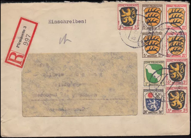 1ff Freimarken Wappen-MiF auf R-Brief PIRMASENS 18.1.1947 nach RADEBEUL 4.2.47