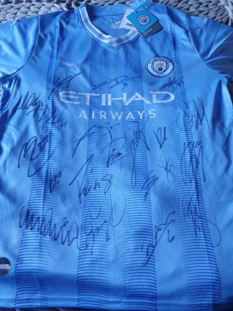 Hand Signed Man City Squad Shirt With Club Coa Haaland Grealish Bruyne Grealish