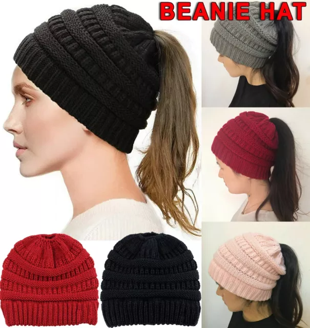 Women Ponytail Cap Beanie Hat Skull Cap Winter Warm Stretch Cable Knit High Hat