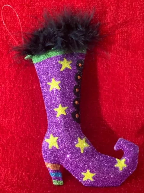 Pier 1 Imports Halloween 4.25" Glitter Witch Boot Ornament w Black Feather GUC