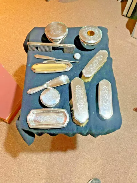 Tiffany & Co Antique TWELVE Sterling Silver Piece Brush, Dish, Jars + Vanity Set