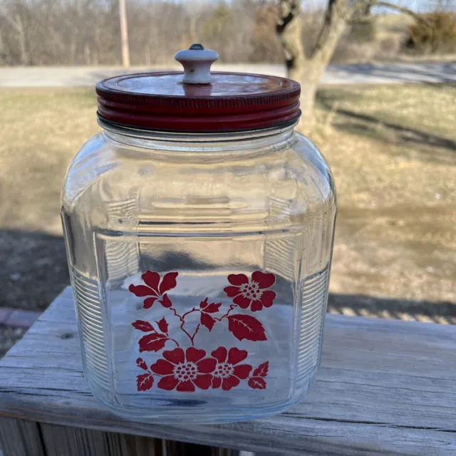 VINTAGE COUNTRY STORE HOOSIER CABINET LARGE JAR Rare Floral W/LID Ribbed Sides