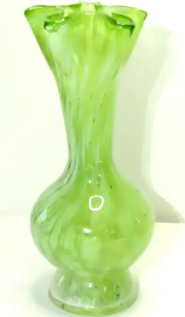 Kelvin's Japan 6 1/2" Hand Blown Green Swirl Art Glass Pinched Vase