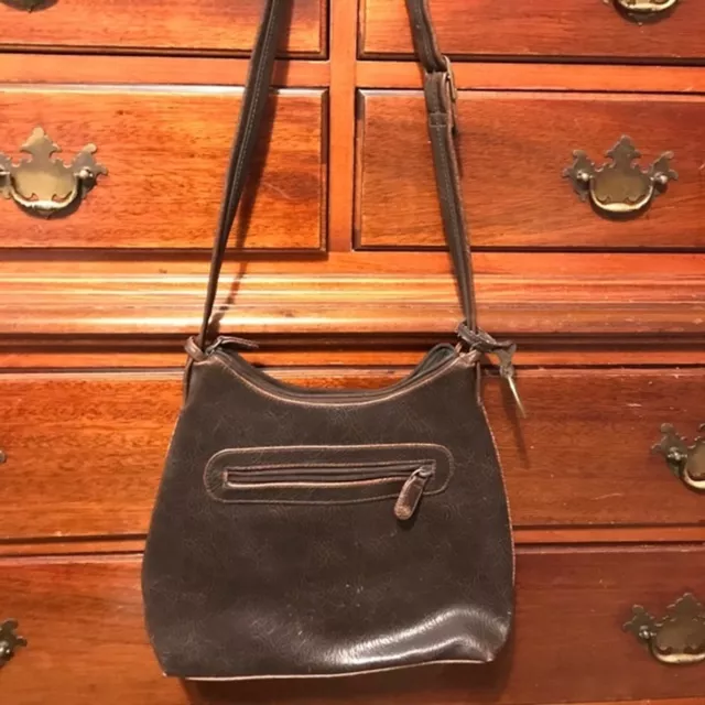 Liz Claiborne Crazy Horse Leather Saddle Bag Purse Dark Brown Crossbody Vintage
