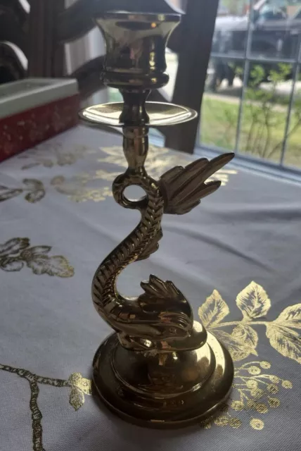 Vtg Solid Brass Candle Candlestick Holder Asian Koi Fish Dragon  3-5855