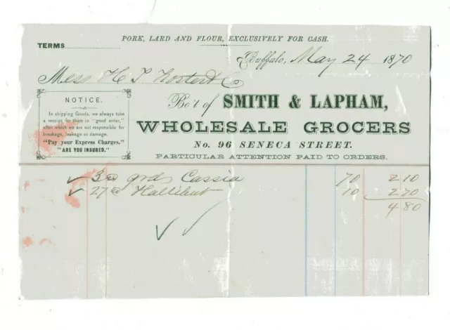 Vintage Billhead SMITH & LAPHAM WHOLESALE GROCER 1870 Buffalo NY Seneca Street