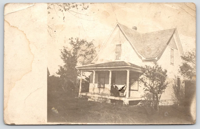 Marquette NE Ladies on Rocking Chairs~Small Cross-Gable Home~RPPC 1919 Danglish*