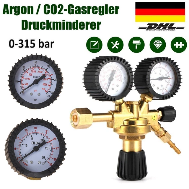 Argon CO2 Druckminderer Für Schweißgeräte | MIG MAG WIG TIG | Messing | Manometer In Gummihülle | Einlass W21,8 Ausgang G1/4