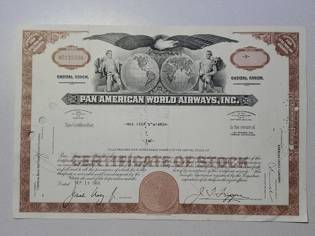 Pan American World Airways Cancelled Stock Certificate
