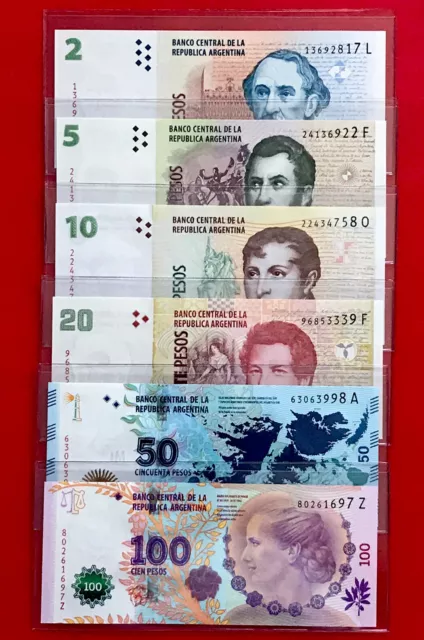 Argentina 6 PCS Banknotes Set ( 2 5 10 20 50 100 Pesos Evita ) 2012-2016 UNC