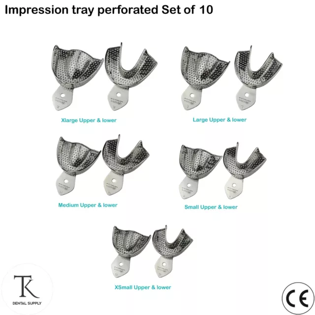 Set Of 10 - Dental Orthodontics Impression Trays Perforated Metallic Rim Lock CE