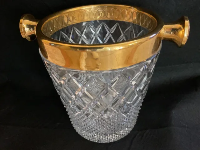 1950-60s VSL Art Deco Cut Crystal and Gold Champagne Bucket 9 " Very Heavy 8+ lb