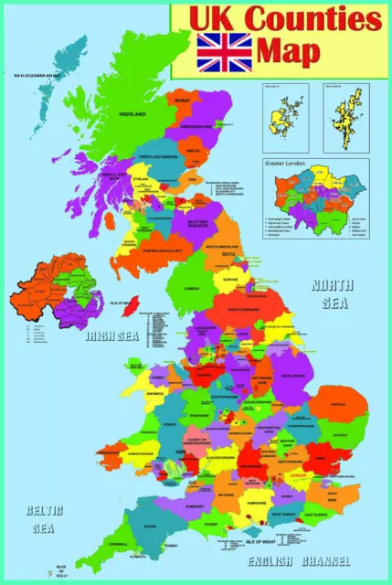 UK COUNTIES MAP EDUCATIONAL POSTER WALL CHART, Full size option