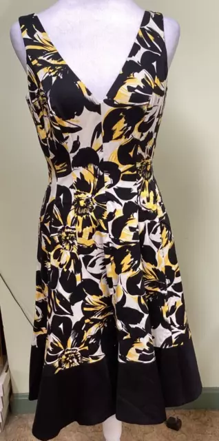 Nine West Dress Black White Yellow V Front Back Cotton Fit & Flare Dress Size 4