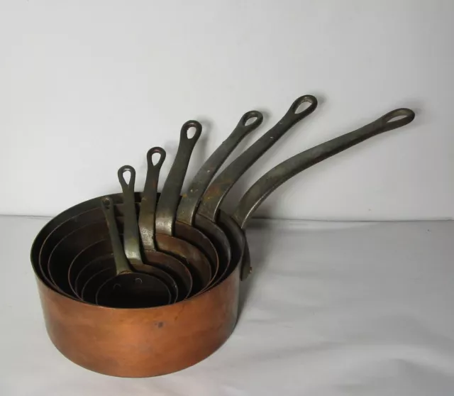 Fine Set of 7 Antique FRENCH Solid Copper Nesting Pans  c. 1920  Great Condition