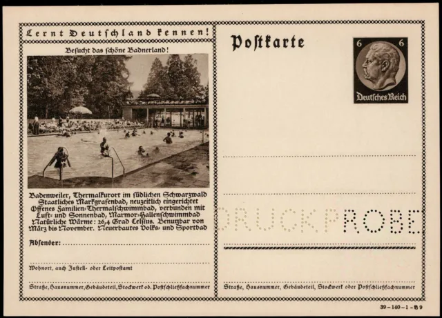 DR; 6 Pf. Hindenburg Auflage 1939,  * Druckproben-Bild-Ganzsache  "BADENWEILER"