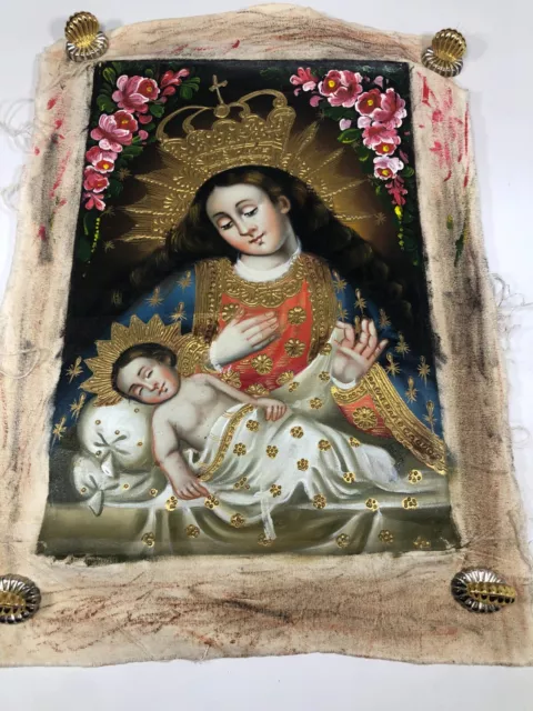 Cusco School Peru Original Oil Painting Virgin Mary & Baby Jesus Gold Leaf 14x10