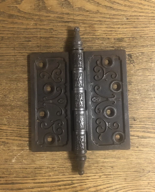 Large 5” X 5” Antique Iron Fancy Steeple-Tipped Door Hinges By Clark, C1880’s 2