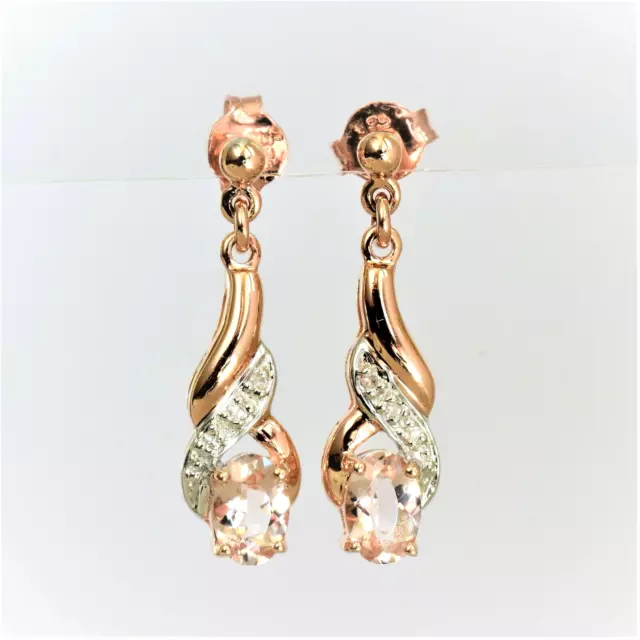 Natural Morganite Earrings Genuine Diamonds 9K Rose Gold Gift Boxed NEW