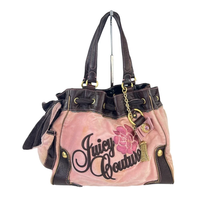 Juicy Couture Bag Daydreamer Pink Brown Flower Shoulder Purse Velour Leather Y2K