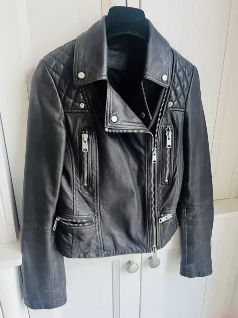 All Saints Bleeker Dark Grey Leather Biker Jacket Size 8