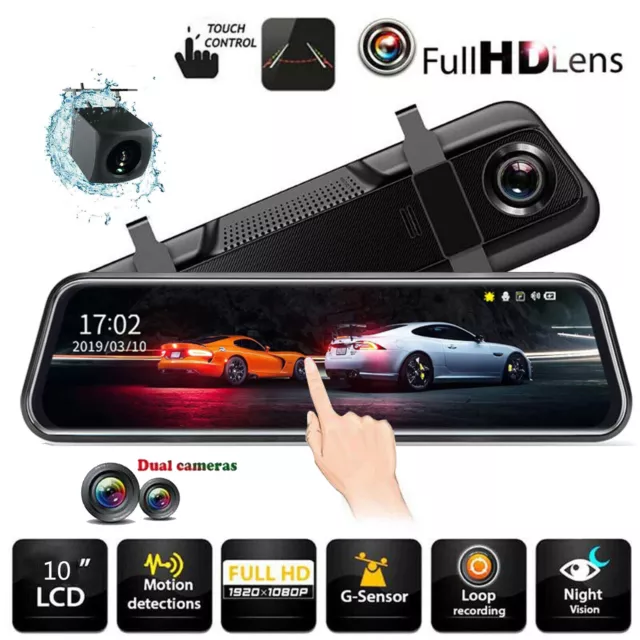 10'' Car Dash Camera Front and Rear View Mirror Reverse Camera DVR HD Dual Lens