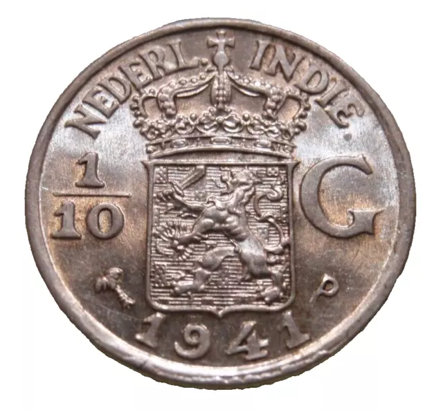 Netherlands East Indies Silver 1941 1/10 Gulden UNC KM#318 SILVER Littleton Coin