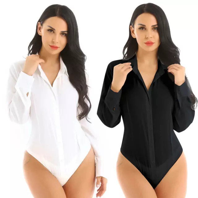 Women's One Piece Long Sleeves Button Down Shirt Bodysuit Work Jumpsuit Romper 2