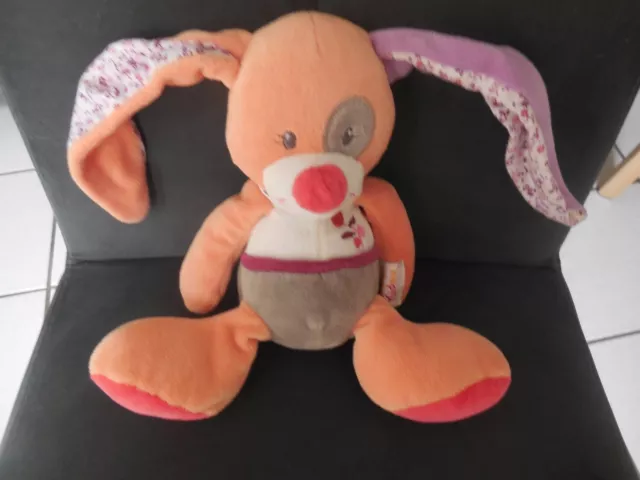 doudou peluche lapin longue oreille orange gris mauve brodé fleurs DOUKIDOU 25cm