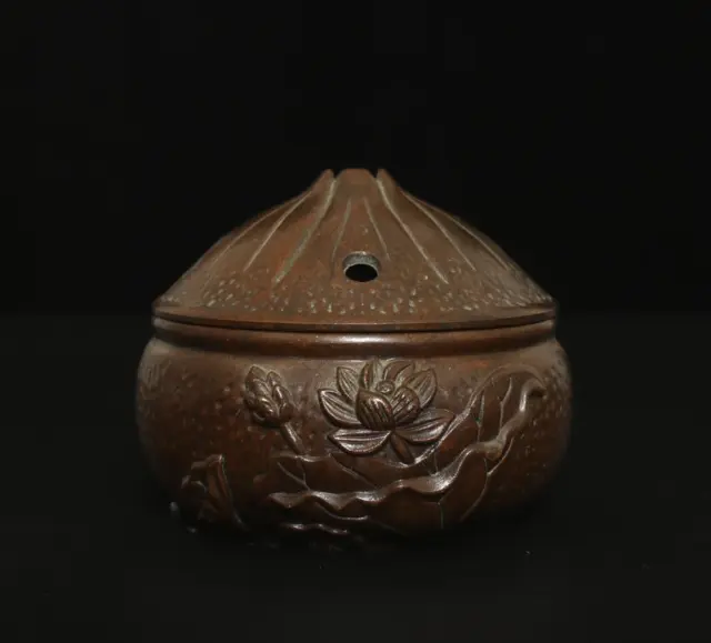 Qianlong Signed Old Chinese Bronze or Copper Incense Burner w/louts flower