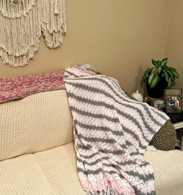 Handmade CROCHETED Baby Blanket Pink White Gray Striped Fringed Afghan Throw 49”