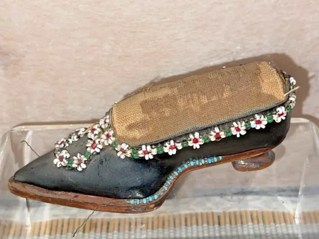 Antique Victorian Pin Cushion Glass Beaded Leather Heeled Shoe Shaped Folk Art