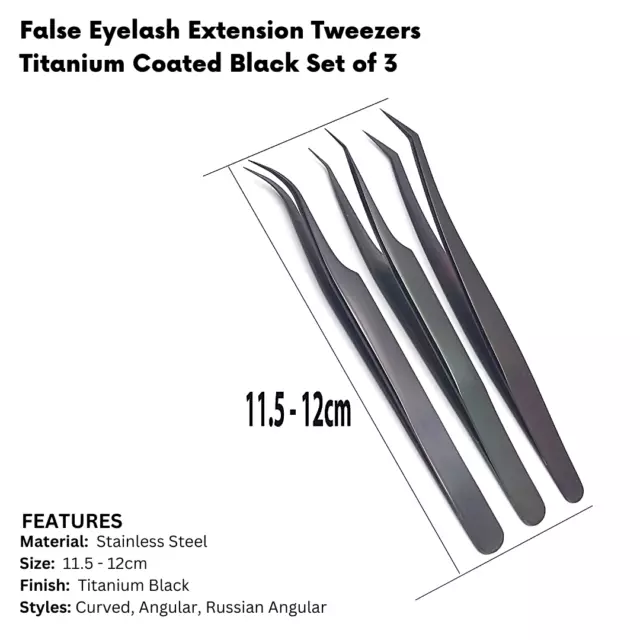 False Eyelash Extension Tweezers Titanium Coated Black Set of 3