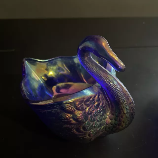 1950s Imperial Glass Iridescent Blue Carnival Glass Swan Dish / Bowl