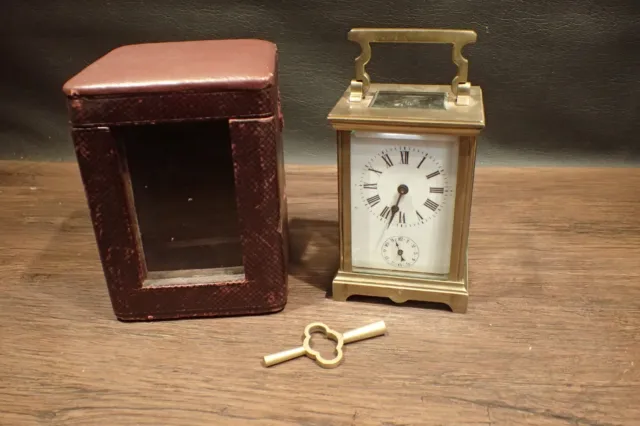 Antique French Victorian Brass & Beveled Glass Carriage Clock with Alarm